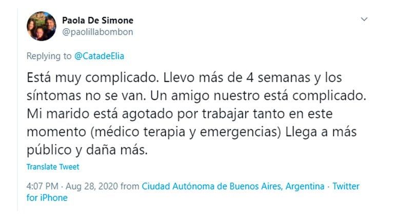 El viernes pasado contó en sus redes que tenía síntomas de Covid-19