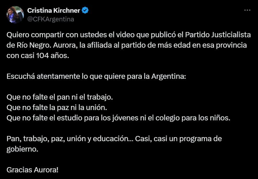Posteo de Cristina Kirchner. Captura: X / @CFKArgentina