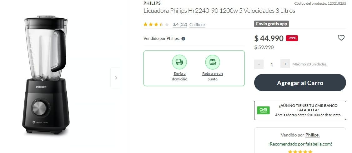Una licuadora Philips se consigue en Falabella a $44.990 chilenos con un descuento del 25%.