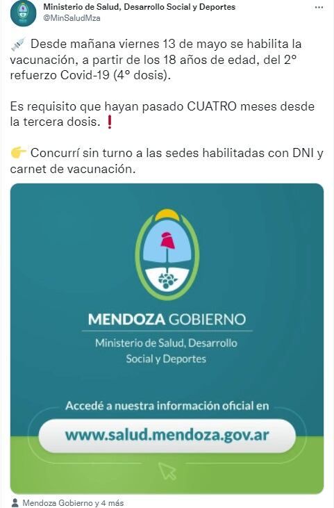 Vacunación: habilitan en Mendoza la cuarta dosis contra el Covid-19 (Twitter)