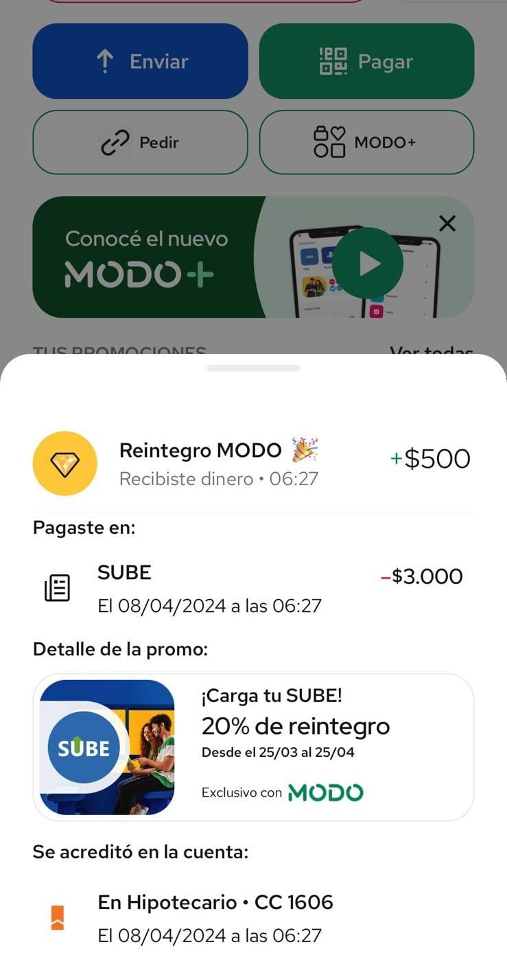 Reintegro de MODO en carga SUBE. Captura de pantalla.
