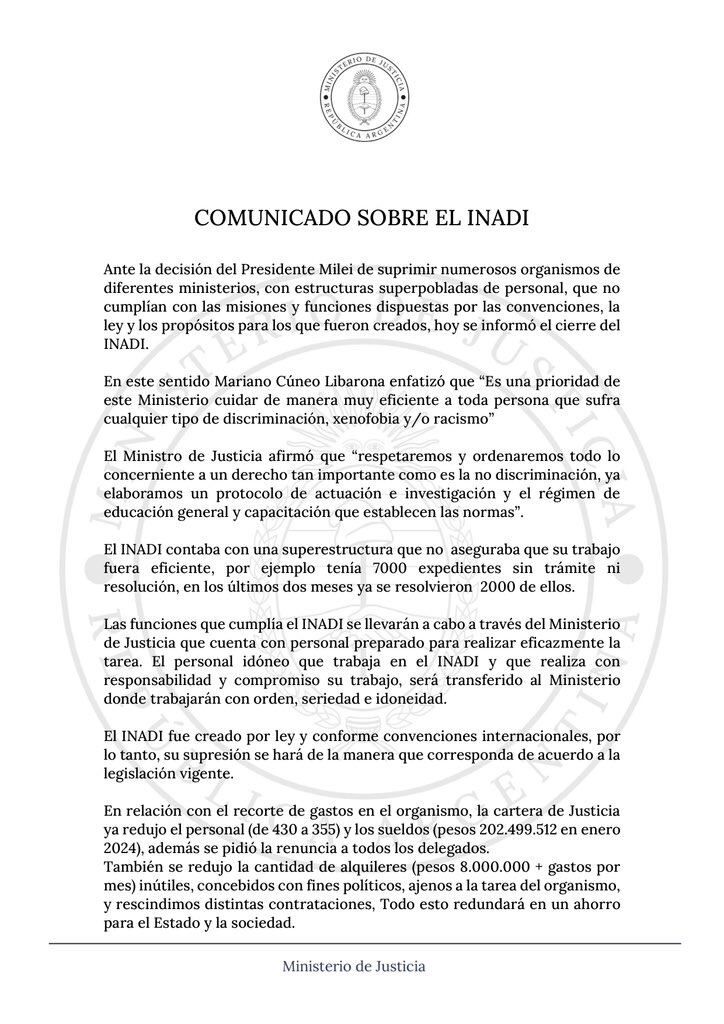 Comunicado del Ministerio de Justicia de la Nación sobre lo que sucederá con el INADI y su personal. Foto: X (Twitter)