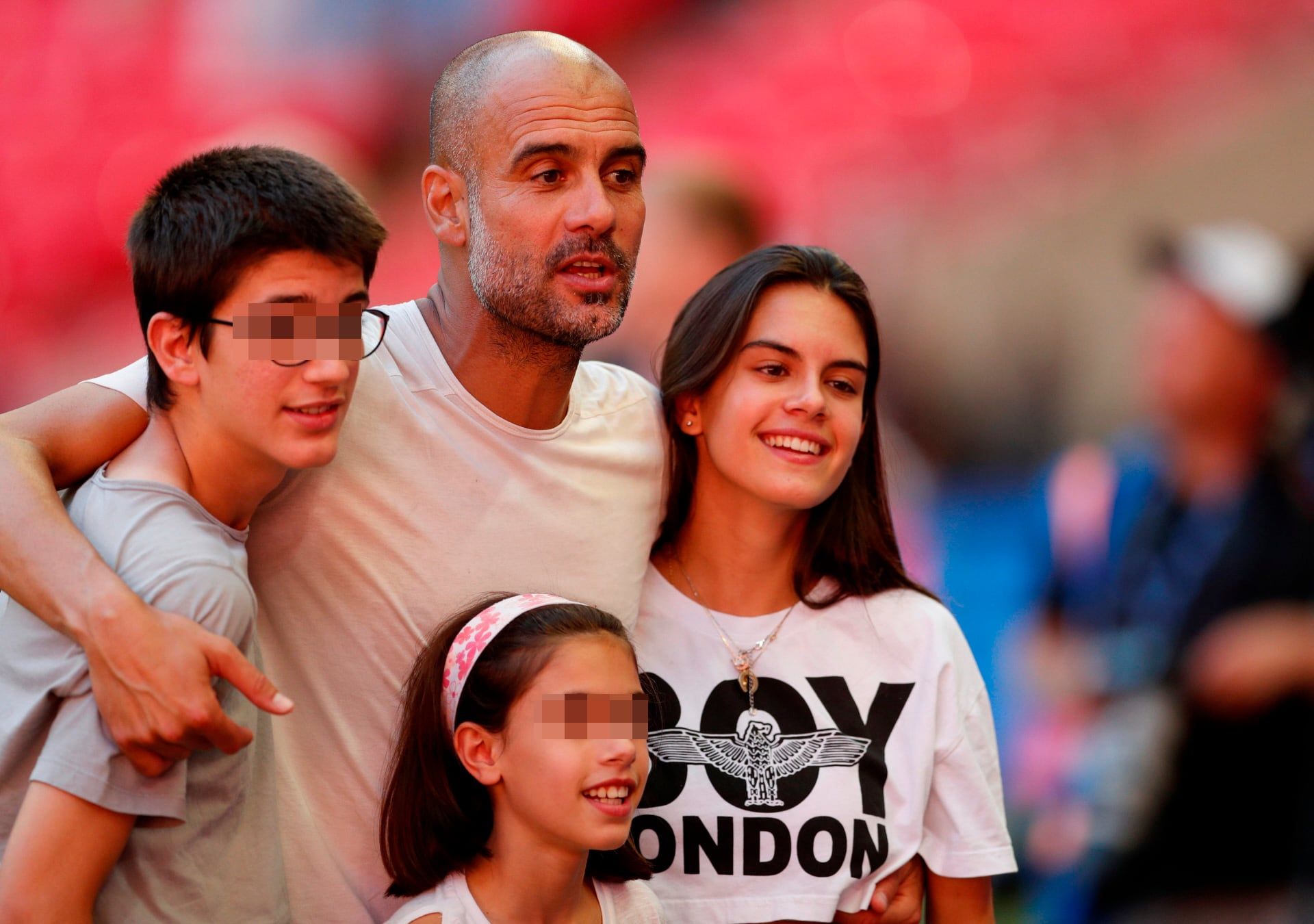 Manchester City manager Pep Guardiola with his children Marius , Maria and Valentina after winning the community shield Soccer Football - FA Community Shield - Manchester City v Chelsea - Wembley Stadium, London, Britain - August 5, 2018