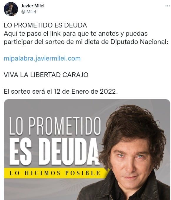 Javier Milei sorteará su primer sueldo de diputado nacional el 12 de enero (Twitter)