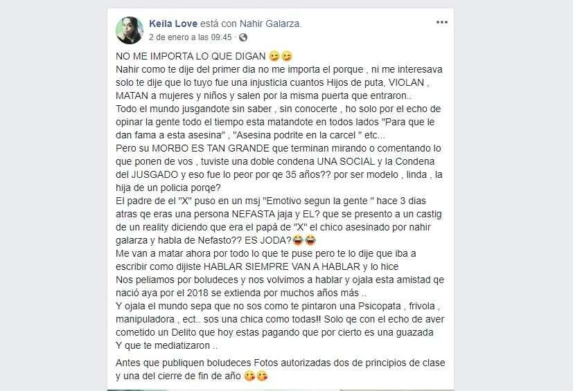 
    El posteo de Keila en defensa de Galarza
   
