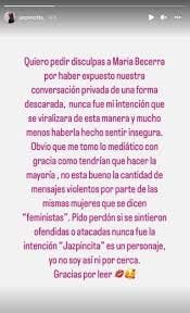 Mensaje de Instagram de Jazpincita disculpándose con María Becerra