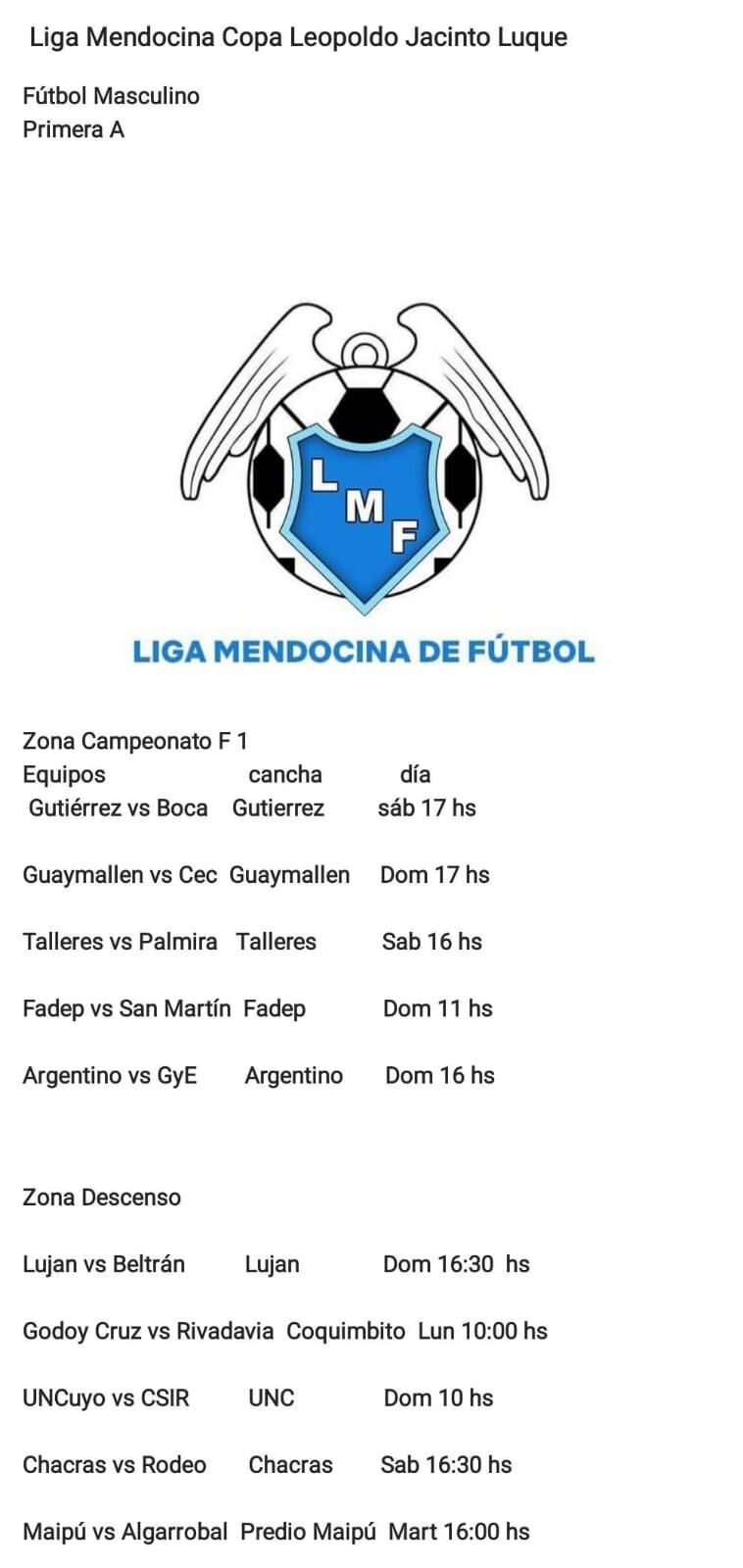 Liga Mendocina. Así quedó conformada la primera fecha de las zonas Campeonato y Promoción.