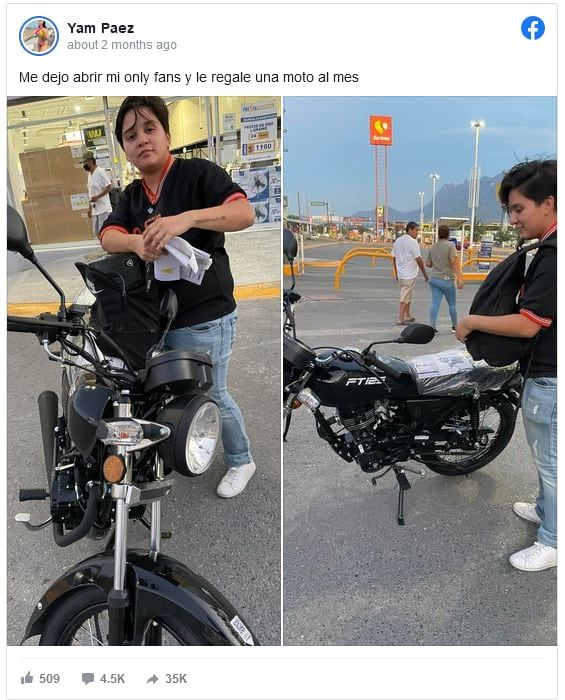 Una joven le regaló a su novio una moto porque la dejó subir contenido a la plataforma.
