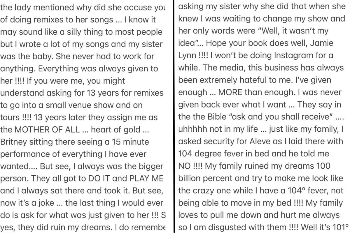 Britney hizo una extensa publicación sobre su hermana.