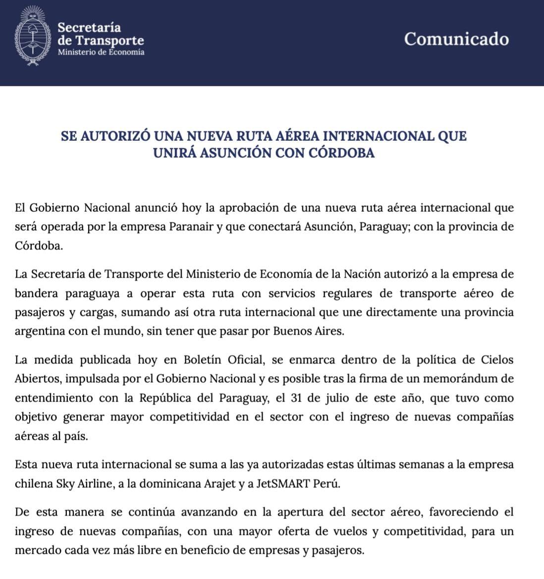 El comunicado confirmando la llegada de Paranair a Córdoba.