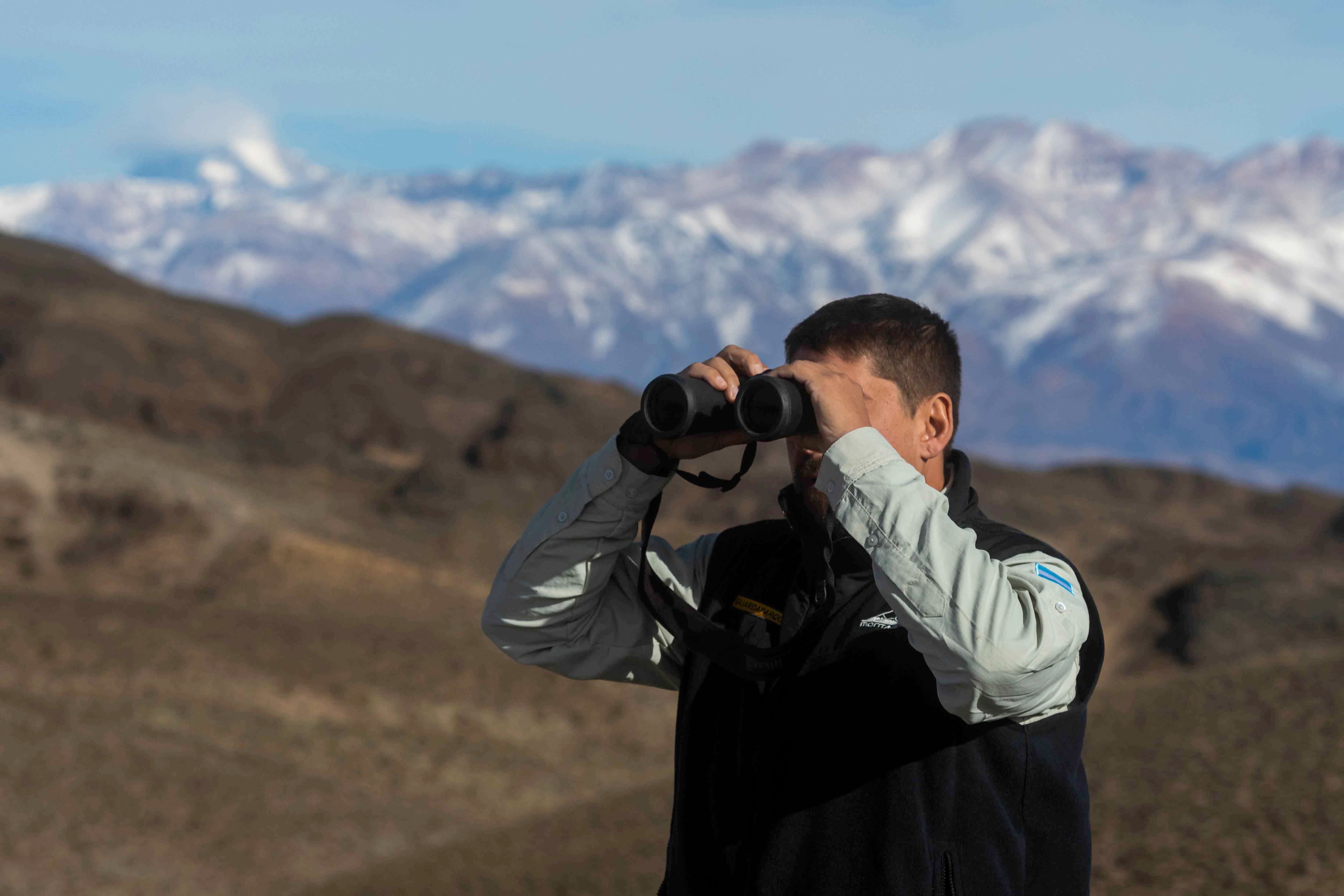 Mendoza 10 de junio de 2020 Sociedad, Reserva Natural Villavicencio El cuerpo de Guardaparques de la Reserva Natural Villavicencio realiza un atrabajo de conservacion y prevencion de la caceria ilegal. Gracias a este trabajo se comenzo a recuperar la poblacion de las destintas especies que habitan la montana mendocina.     Guardaparque Martin Perez recorre dia a dia la reserva en busca de cazadores furtivos    Foto: Ignacio Blanco / Los Andes guanaco montana
