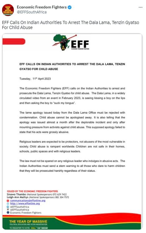 Pidieron que el Dalai Lama sea arrestado por presunto abuso infantil - Twitter Luchadores por la Libertad Económica (EFF)