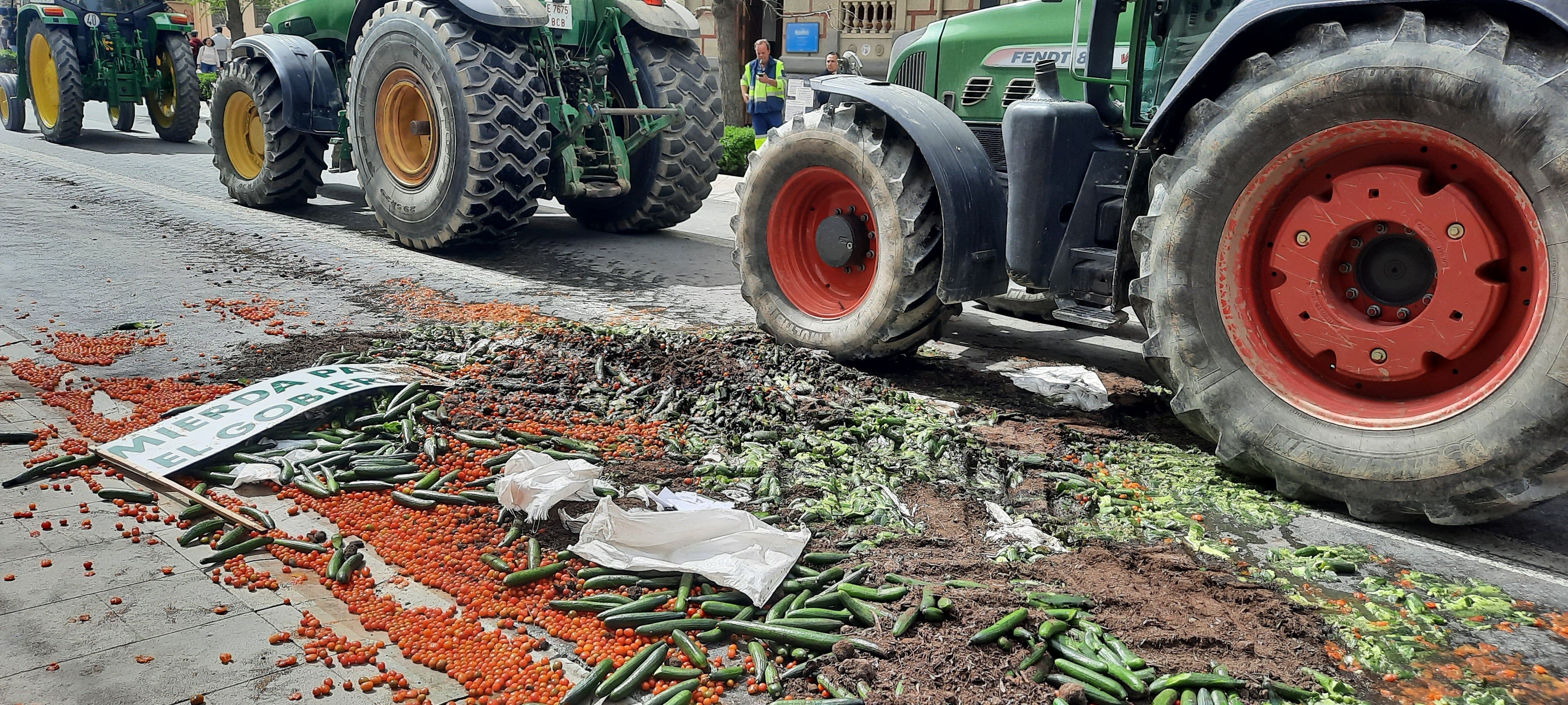 A modos de protesta, productores de Granada (España) arrojaron alimentos frente a la sede del Gobierno Nacional. 
Foto: Mauricio Manini / Los Andes