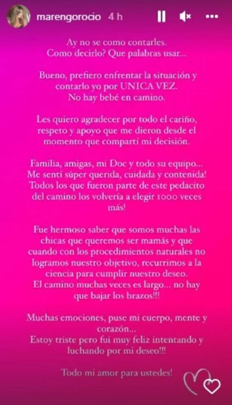 marengo anunció que "no hay bebé en camino"