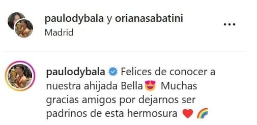 El posteo de Paulo Dybala y Oriana Sabatini.
