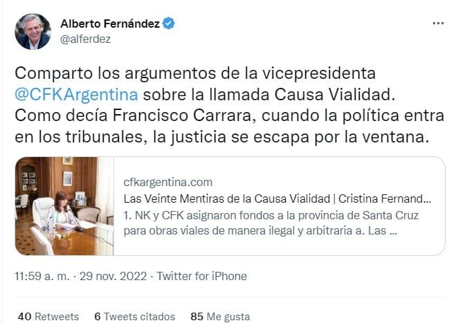 El tuit de Alberto Fernández apoyando a Cristina Kirchner en la causa Vialidad (Twitter)