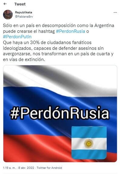 "Perdón Rusia" es tendencia en Twitter luego de que Argentina votara a favor de expulsar a Rusia en la Asamblea General de la ONU. Algunos usuarios repudian esta tendencia.