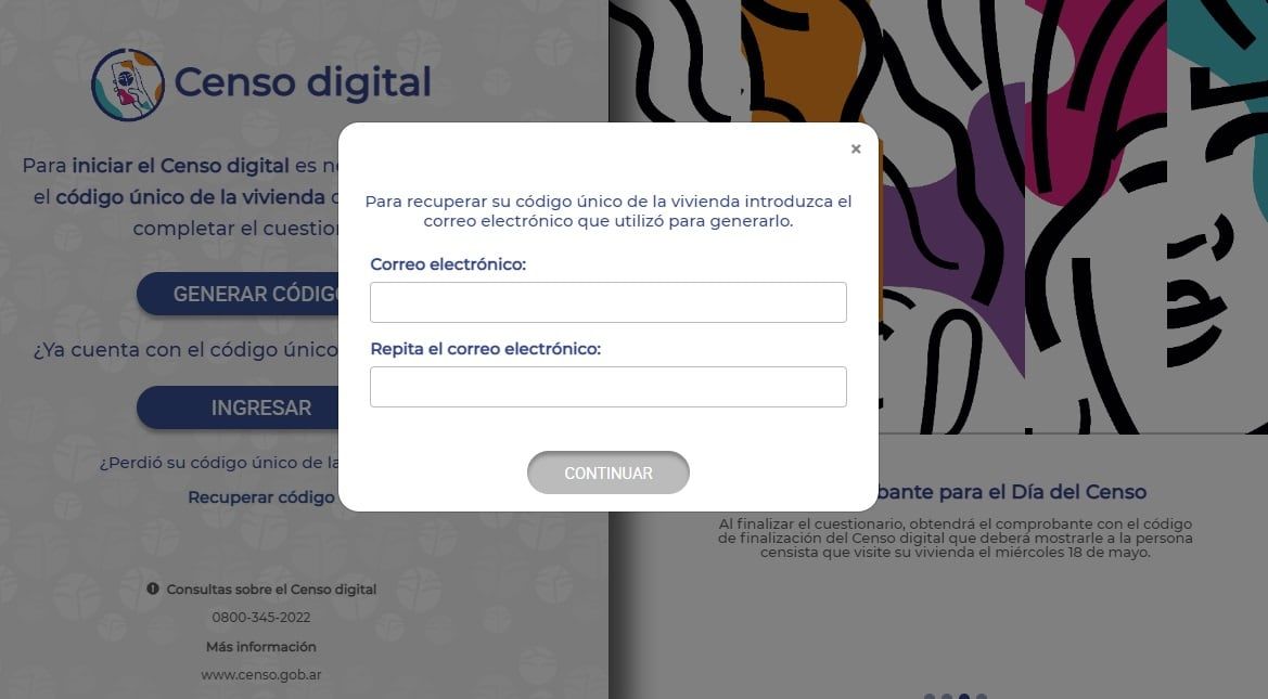 Podés solicitar el código del censo a través de la web, con tu correo electrónico