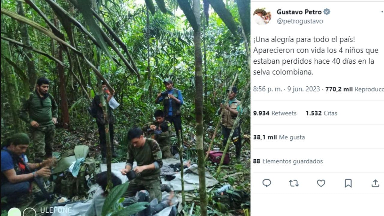 La noticia fue confirmada por el presidente Gustavo Petro. Junto a los rescatistas aparecen dos niños tendidos sobre mantas y otro cargado en brazos.