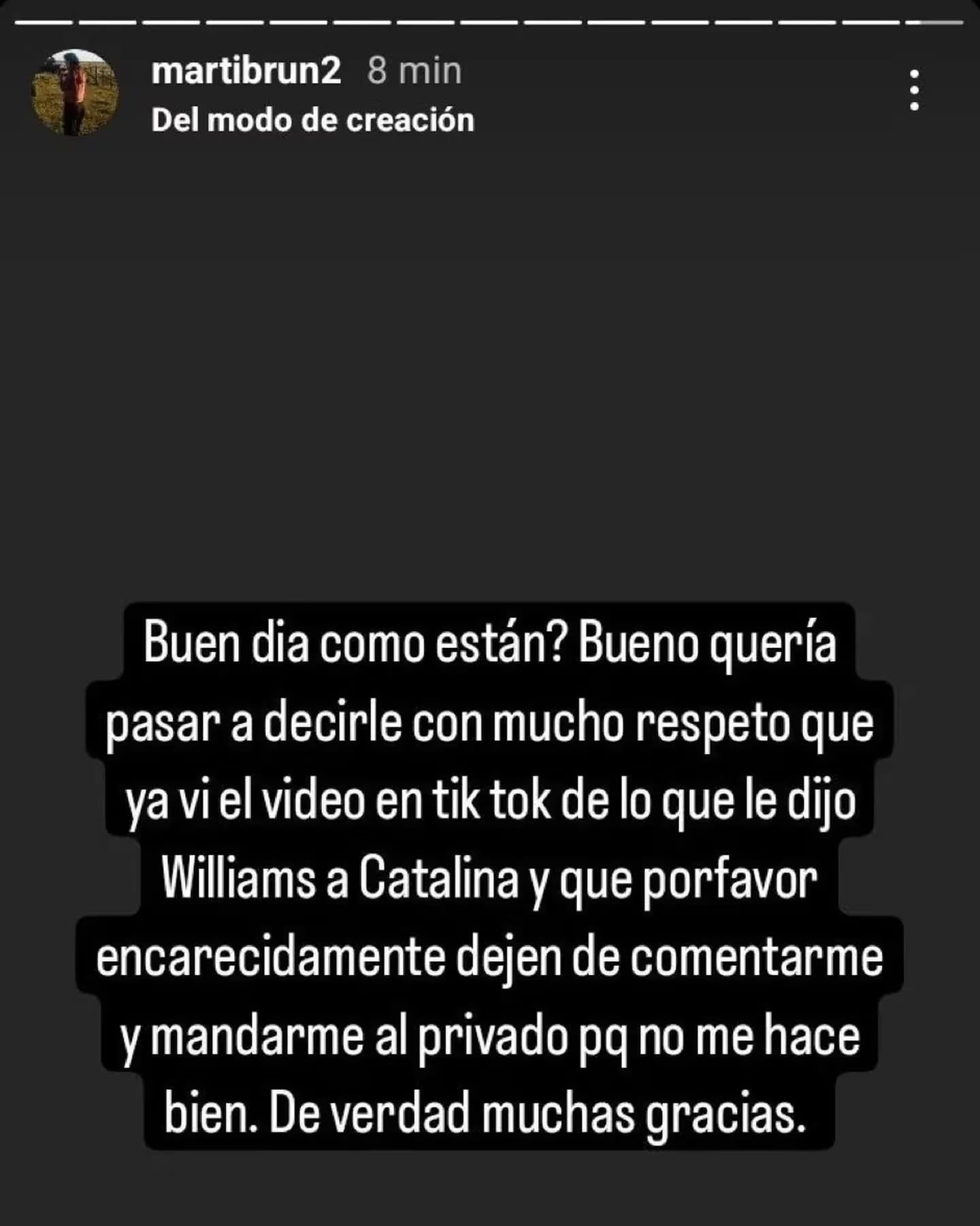 La novia de Williams se expresó tras el coqueteo de su novio con Catalina.