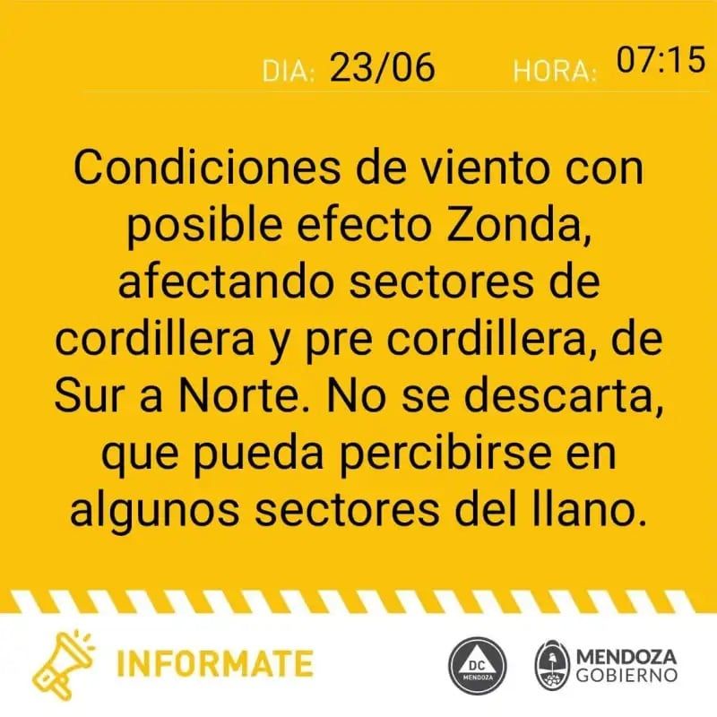 Zonda en Mendoza: la alerta amarilla de Defensa Civil