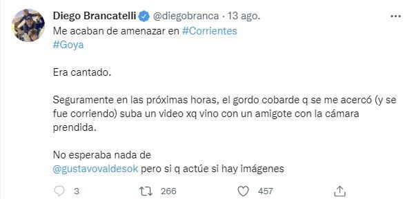 Diego Brancatelli denunció que fue escrachado con polenta por ser kichnerista (Twitter)