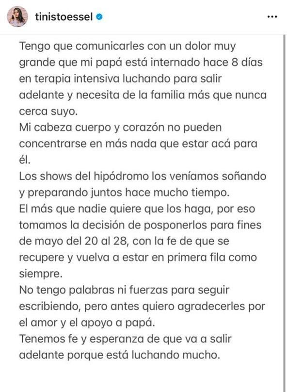 Tini publicó un sentido comunicado mediante sus redes sociales donde manifestó su decisión de suspender sus shows.