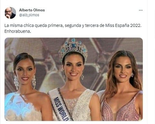 El periodista Alberto Olmos felicitó a una joven modelo a través de Twitter por ganar el primer, segundo y tercer lugar de un concurso de belleza.