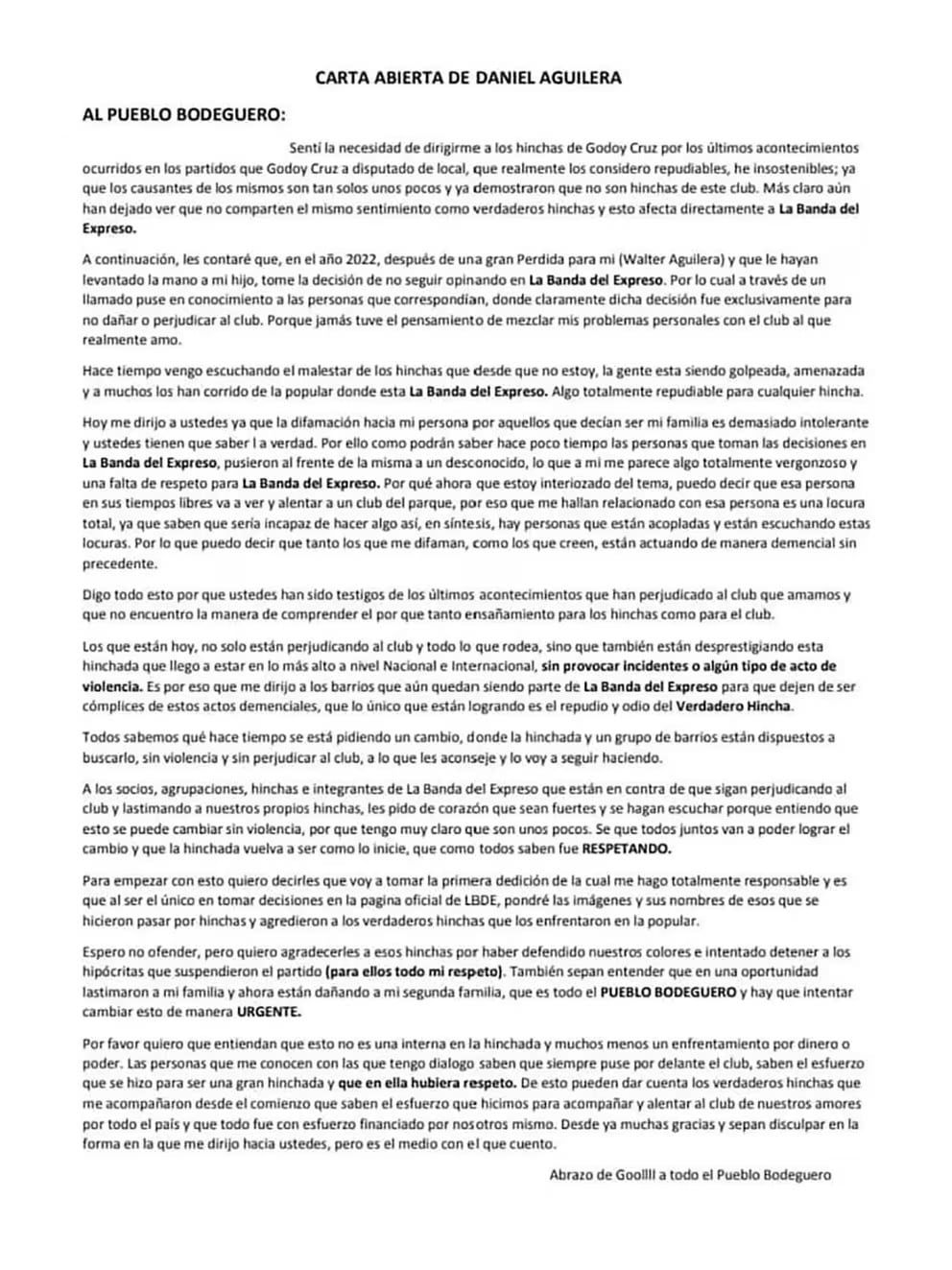 Carta abierta del Rengo Aguilera. / Gentileza.