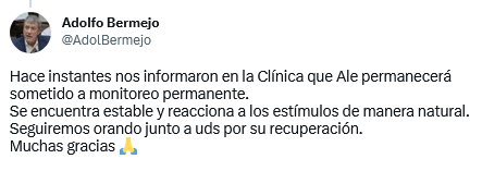 Adolfo Bermejo publicó en Twitter un hilo para informar el estado de salud de su hermano. Twitter.