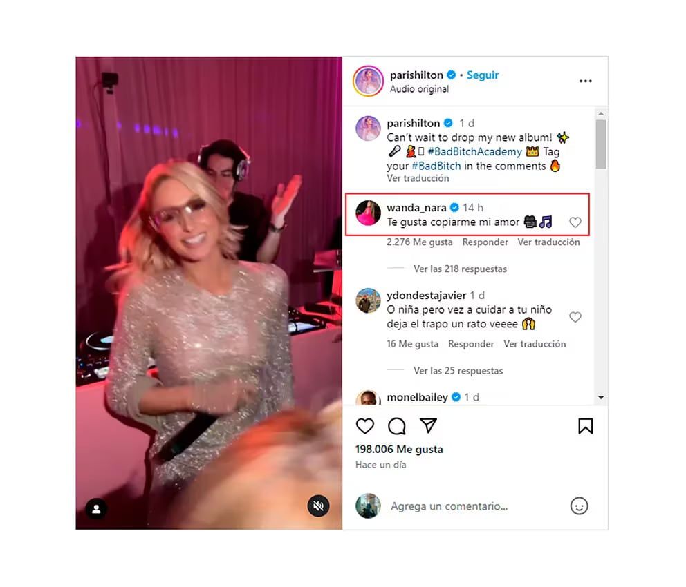 El comentario de Wanda Nara en la foto de la artista.