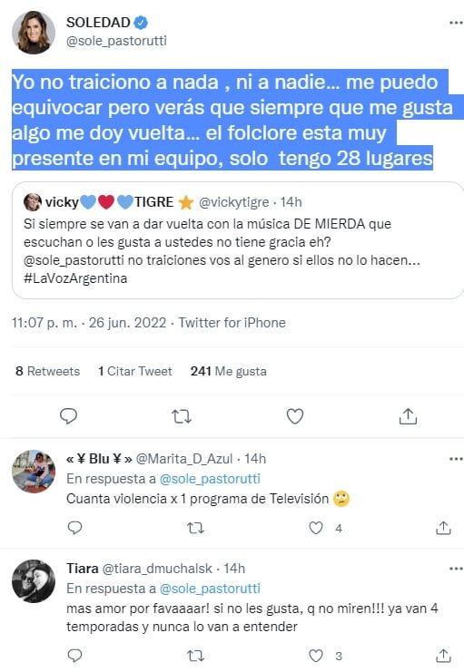 La Sole Pastorutti contestó a las críticas por el folclore en La Voz Argentina (Twitter)