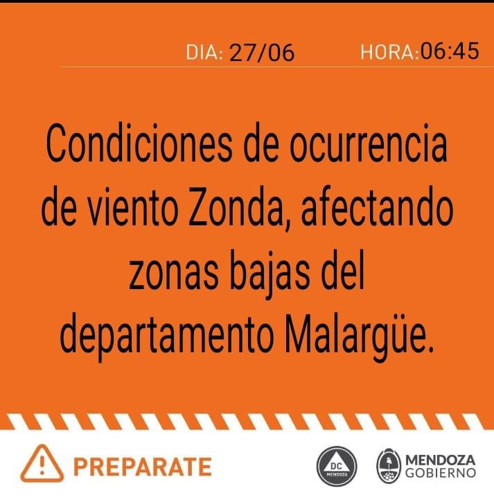 Alerta de Zonda en Mendoza (Defensa Civil)