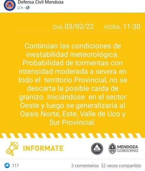 Alerta de Defensa Civil por tormenta en Mendoza