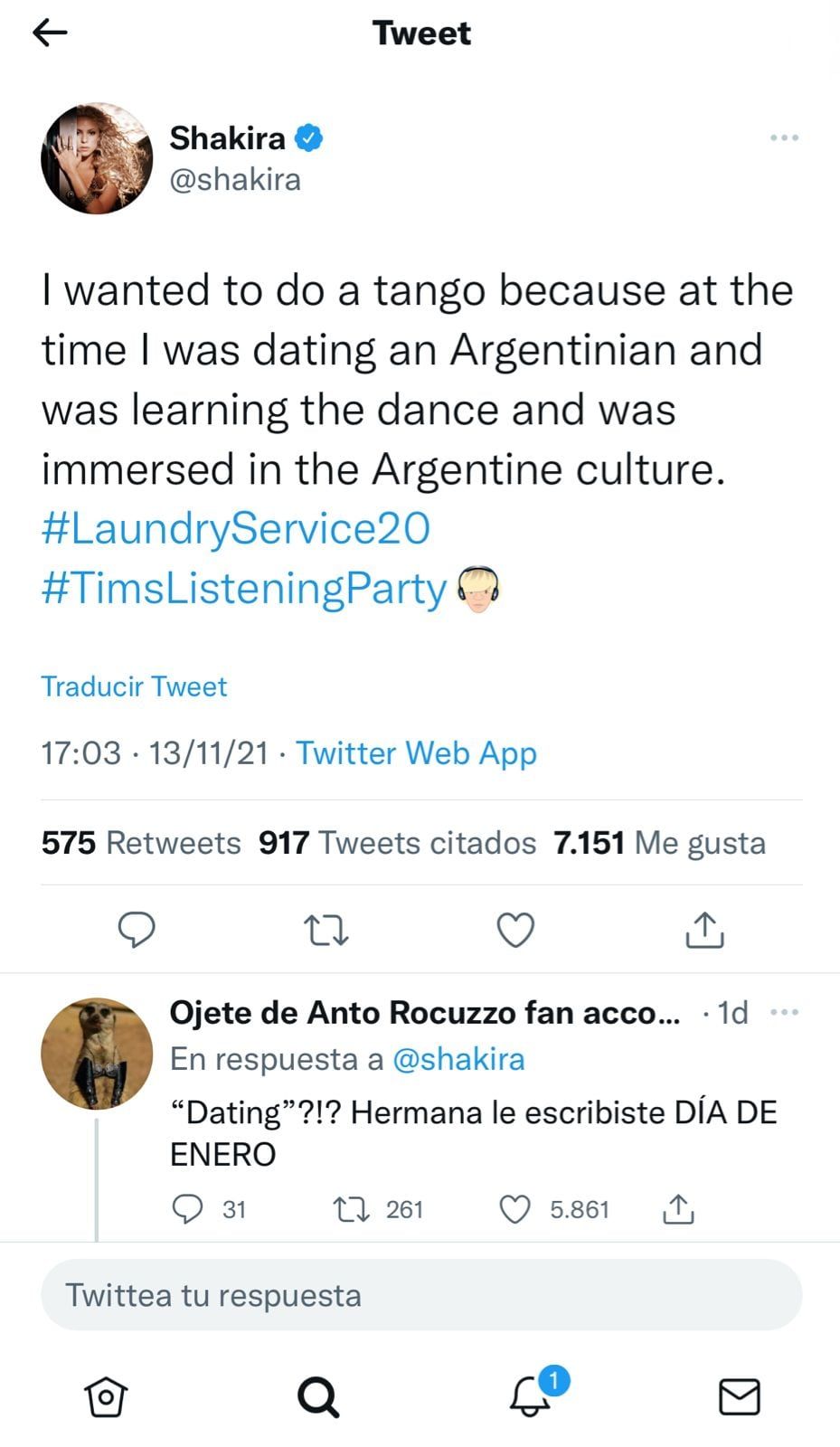 Shakira habló -implícitamente- de su expareja Antonio de la Rúa (Twitter)