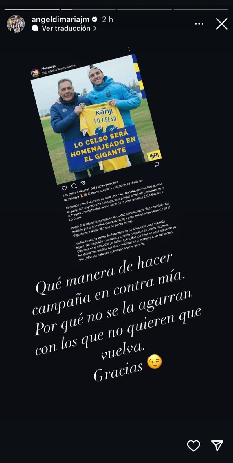 El explosivo posteo de Di María contra un medio partidario de Rosario Central.