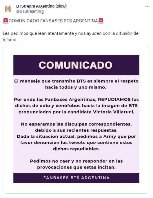 El comunicado de los fanáticos de BTS - X