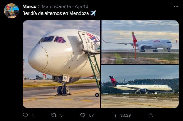 Un usuario de Twitter compartió imágenes de los vuelos que llegaron a Mendoza desviados desde Chile. Foto: Twitter/@MarcoCaretta