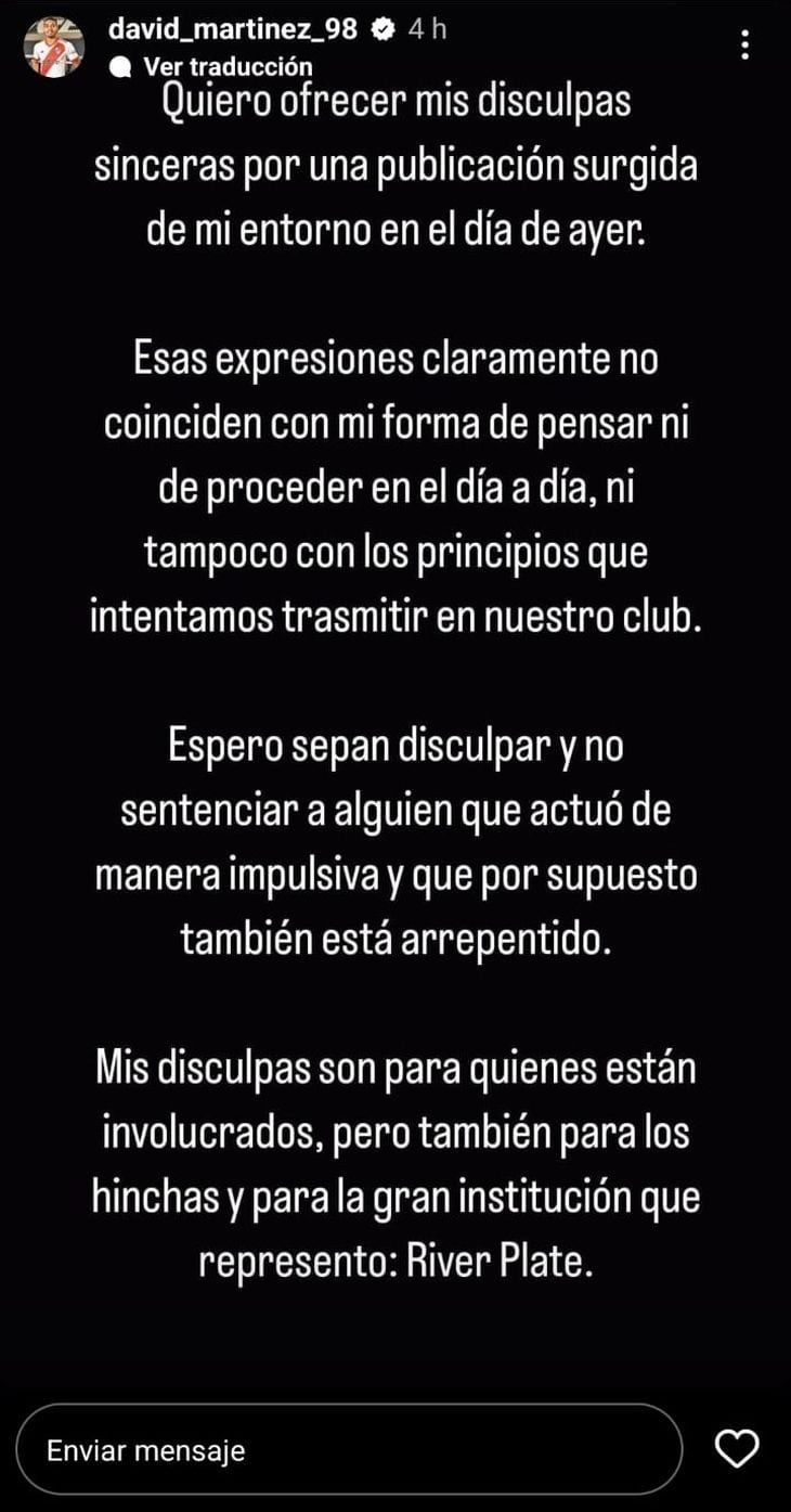 El pedido de disculpas de David Martínez. Foto: redes.