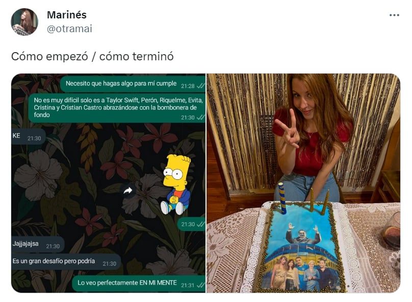 Pidió una torta con Taylor Swift, Cristian Castro, Riquelme, CFK, Perón y Evita - Foto @otramai