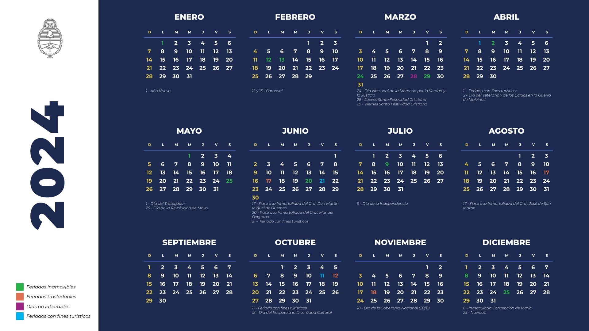 Calendario oficial de feriados y fines de semana largo 2024 (Ministerio del Interior)