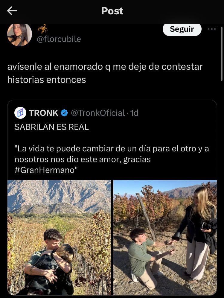 Unos chat afirman que el joven le habría sido infiel a Sabrina.