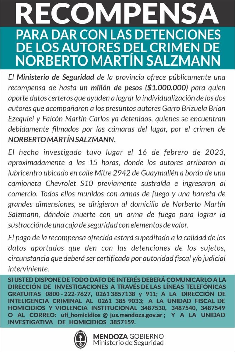 Ofrecen recompensa de un millón de pesos por datos sobre los sospechosos del crimen del comerciante mendocino