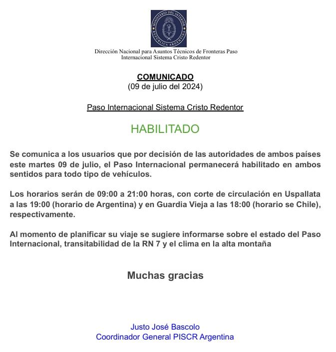 Paso Internacional Cristo Redentor habilitado. Gentileza: SICR