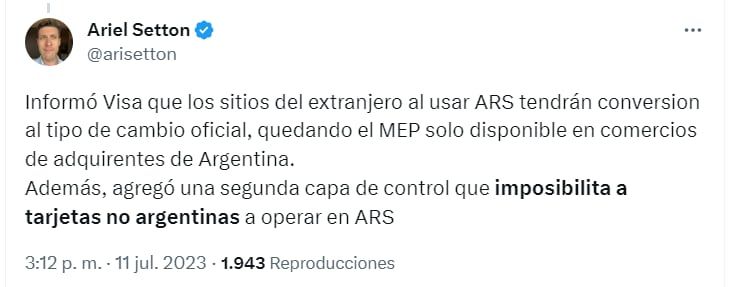 El economista Ariel Setton explicó la situación a través de sus redes sociales - Twitter