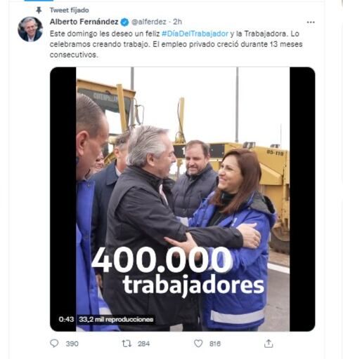 Alberto Fernández saludó a los argentinos y aseguró que el empleo privado lleva 13 meses de recuperación.