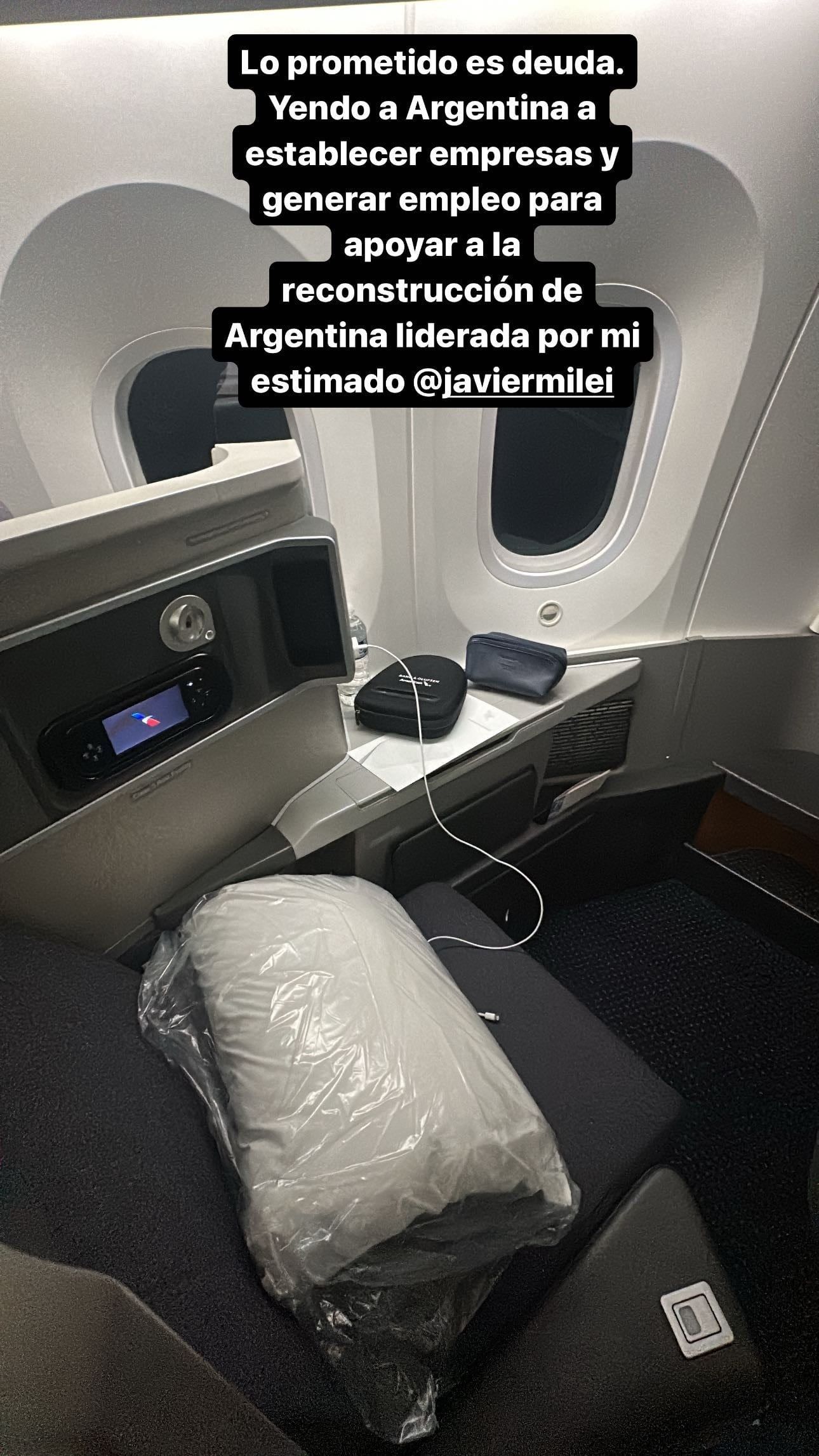 "Yendo a la Argentina a establecer empresas y generar empleo para apoyar a la reconstrucción de Argentina liderada por mi estimado Javier Milei", escribió. Foto: Instagram.
