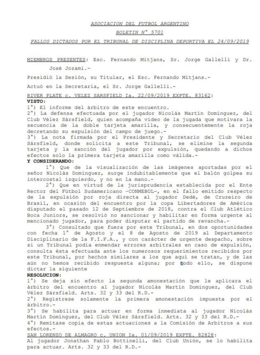 
    El fallo del Tribunal en el que notifica que le saca la segunda amarilla a Nicolás Domínguez.
   