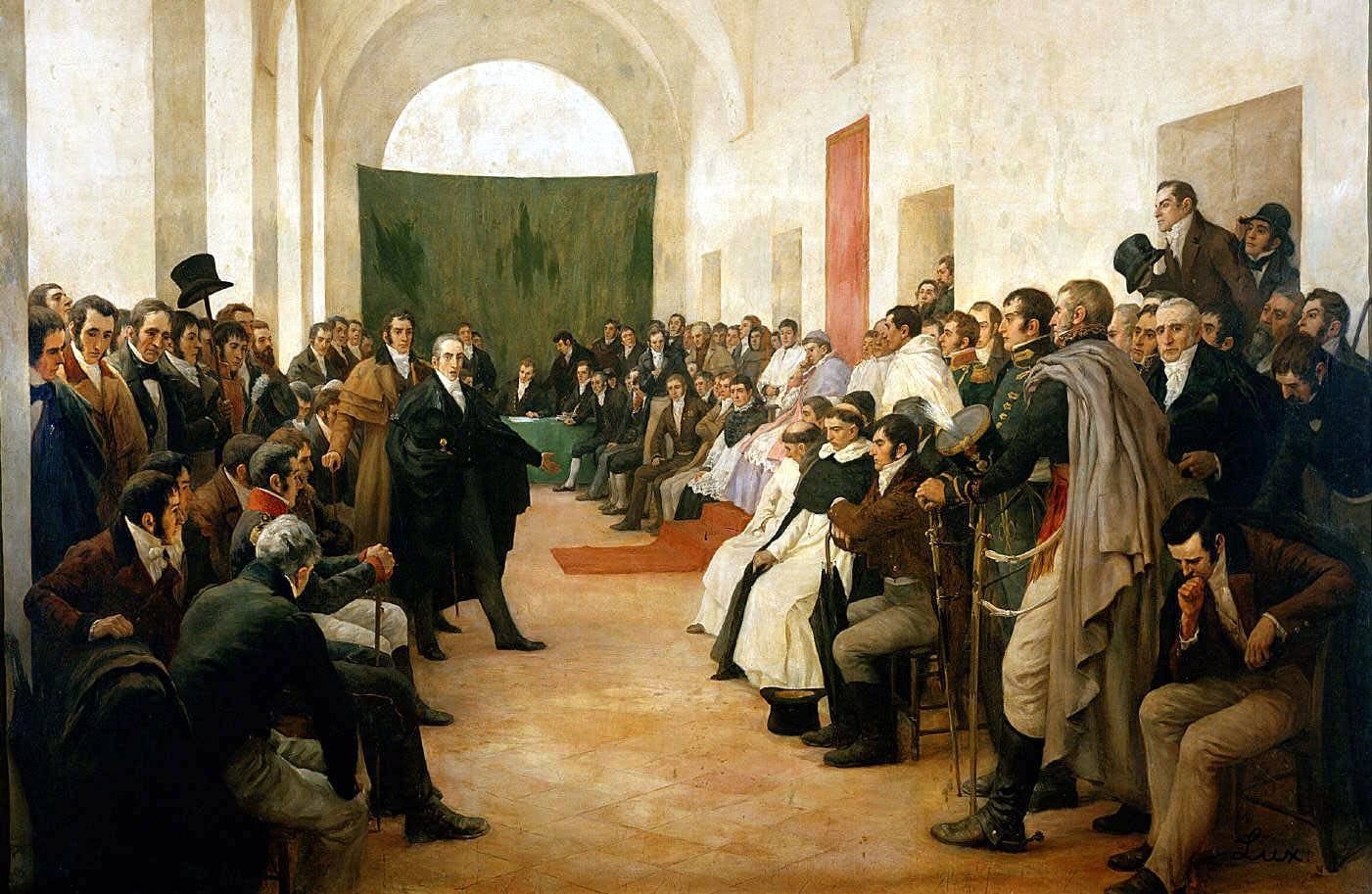 Óleo de Pedro Subercaseaux “El Cabildo Abierto del 22 de Mayo de 1810”, pintado hacia la época del Centenario.