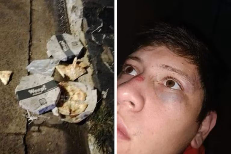 El empresario tiró las pizzas al suelo y así quedó el rostro del joven repartidor. Foto: Misiones Online